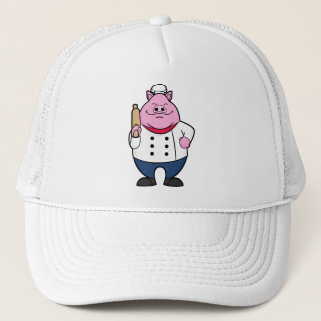Pig as Cook with Rolling pin Trucker Hat (Front)