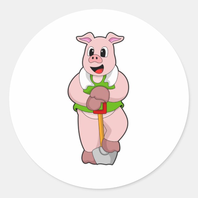 Pig as Farmer with Shovel Classic Round Sticker (Front)