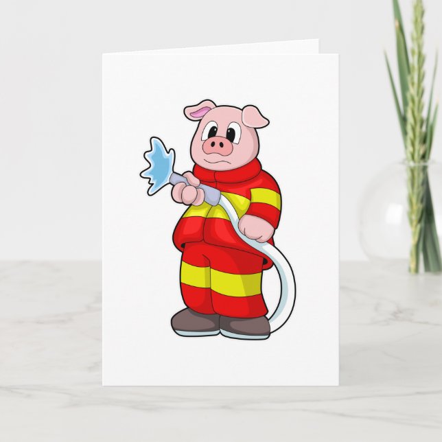 Pig as Firefighter with Hose Card (Front)