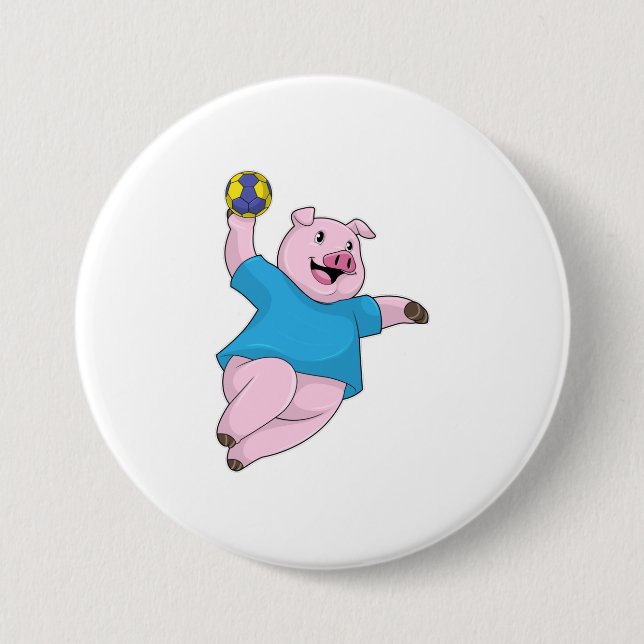 Pig as Handball player with Handball 3 Inch Round Button (Front)