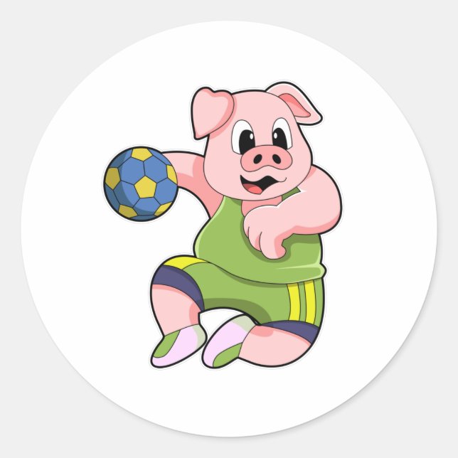 Pig as Handball player with Handball Classic Round Sticker (Front)