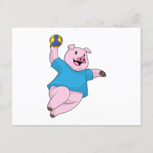 Pig as Handball player with Handball Postcard