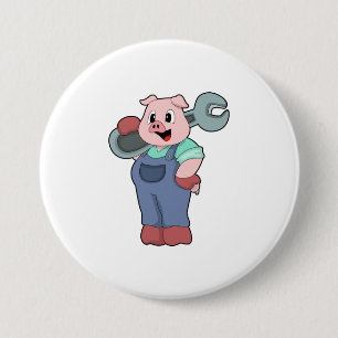 Pig as Mechanic with Wrench 3 Inch Round Button