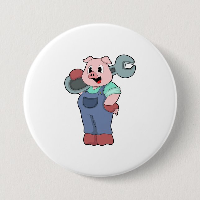 Pig as Mechanic with Wrench 3 Inch Round Button (Front)