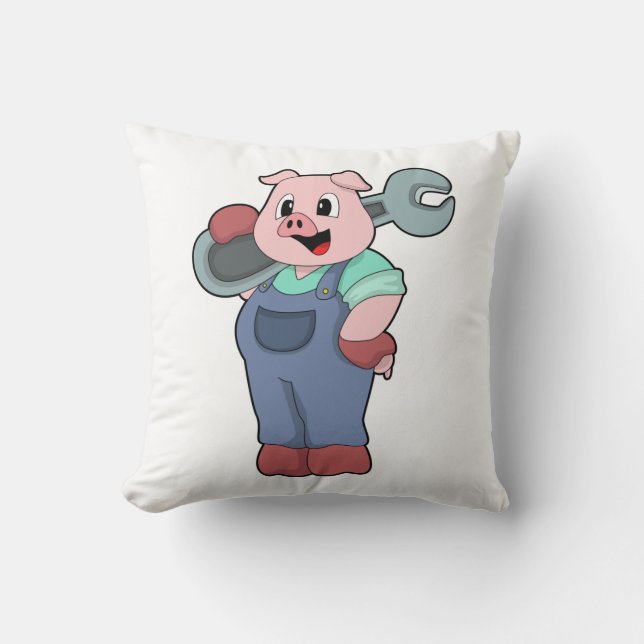 Pig as Mechanic with Wrench Throw Pillow (Front)