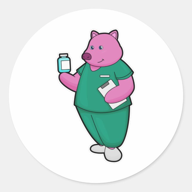 Pig as Nurse with Medicine Classic Round Sticker (Front)