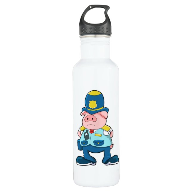 Pig as Police officer with Police Uniform & Hat 710 Ml Water Bottle (Front)