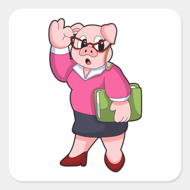 Pig as Secretary with Glasses Square Sticker (Front)