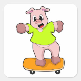 Pig as Skater on Skateboard Square Sticker