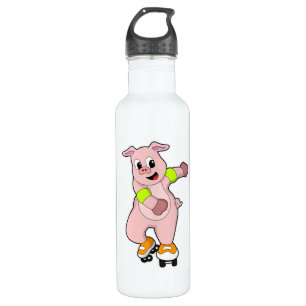 Pig as Skater with Inline skates 710 Ml Water Bottle