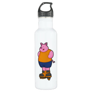 Pig as Skater with Inline skates 710 Ml Water Bottle