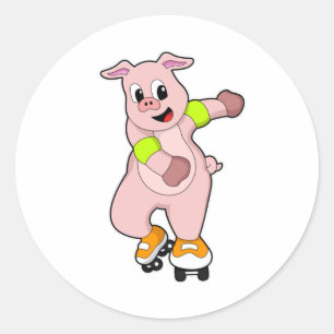 Pig as Skater with Inline skates Classic Round Sticker