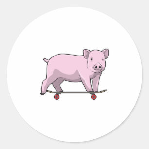 Pig as Skater with Skateboard Classic Round Sticker