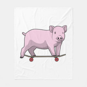 Pig as Skater with Skateboard Fleece Blanket