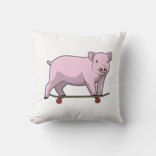 Pig as Skater with Skateboard Throw Pillow