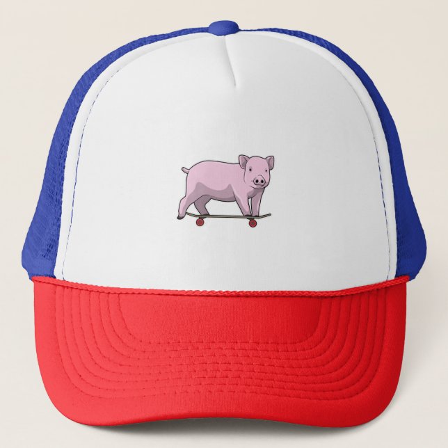 Pig as Skater with Skateboard Trucker Hat (Front)