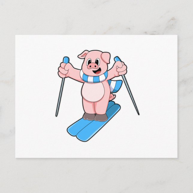 Pig as Skier with Ski Scarf & Ski poles Postcard (Front)