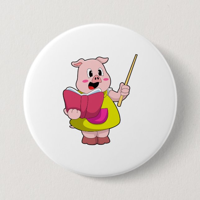 Pig as Teacher with Book 3 Inch Round Button (Front)