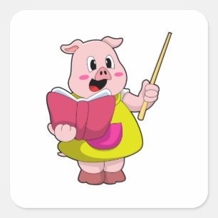 Pig as Teacher with Book Square Sticker