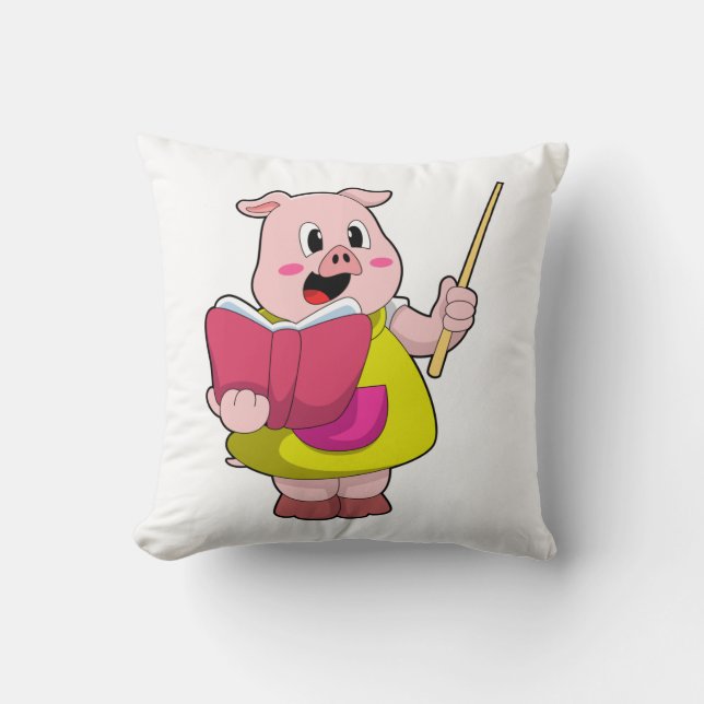 Pig as Teacher with Book Throw Pillow (Front)