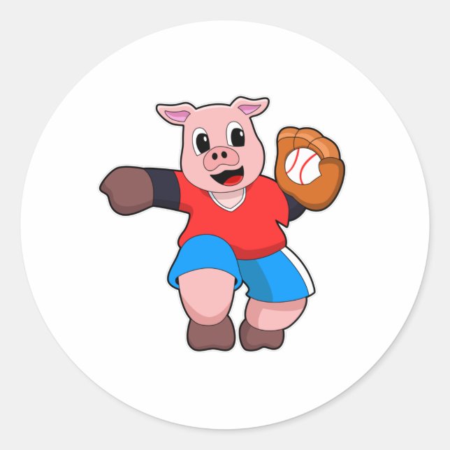 Pig at Baseball with Baseball glove Classic Round Sticker (Front)