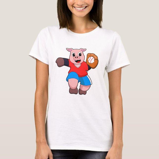 Pig at Baseball with Baseball glove T-Shirt (Front)
