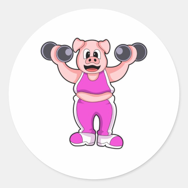 Pig at Bodybuilding with Dumbbells Classic Round Sticker (Front)