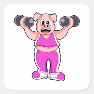 Pig at Bodybuilding with Dumbbells Square Sticker