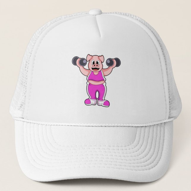 Pig at Bodybuilding with Dumbbells Trucker Hat (Front)