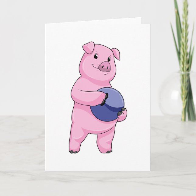 Pig at Bowling with Bowling ball Card (Front)