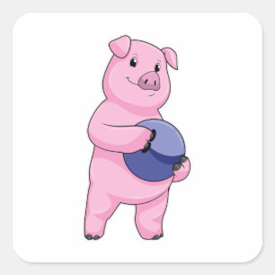 Pig at Bowling with Bowling ball Square Sticker