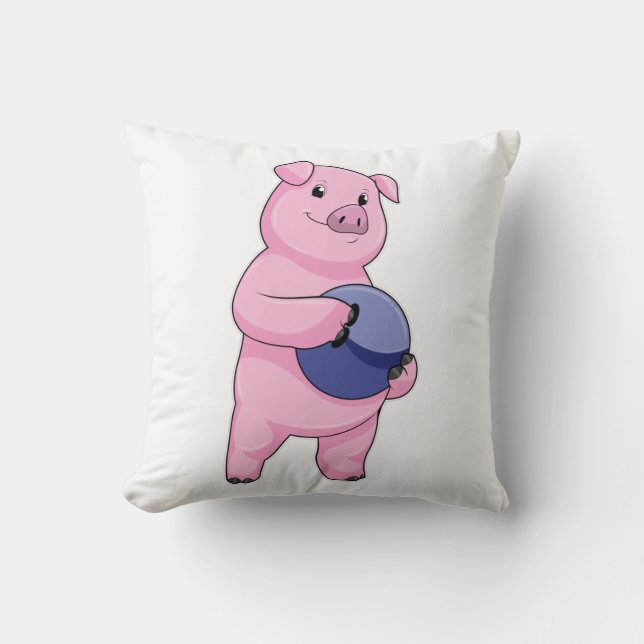 Pig at Bowling with Bowling ball Throw Pillow (Front)