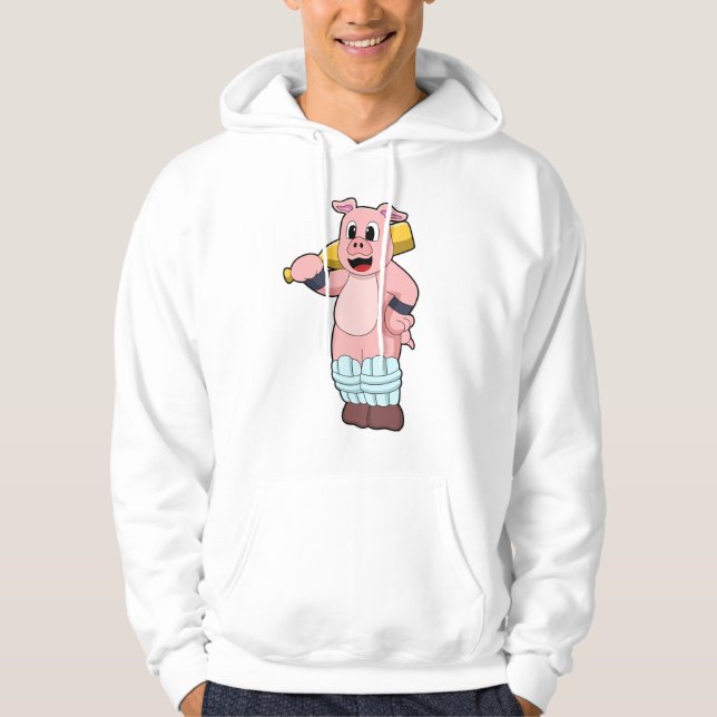 Pig at Cricket with Cricket bat Hoodie (Front)