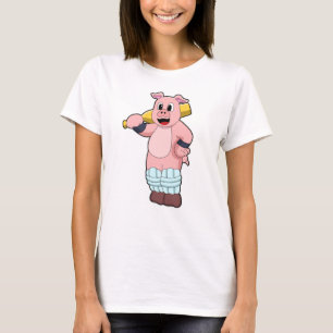 Pig at Cricket with Cricket bat T-Shirt