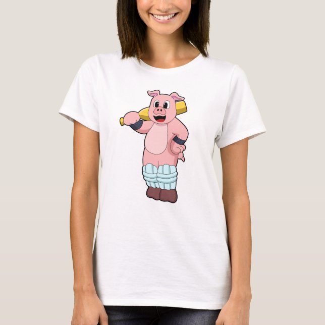 Pig at Cricket with Cricket bat T-Shirt (Front)
