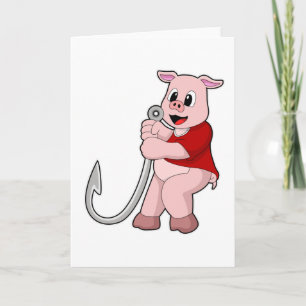 Pig at Fishing with Fish hook Card