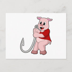 Pig at Fishing with Fish hook Postcard