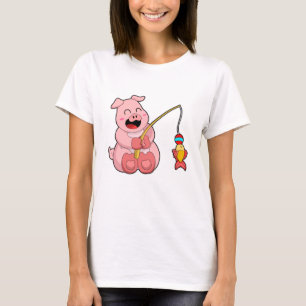 Pig at Fishing with Fish T-Shirt