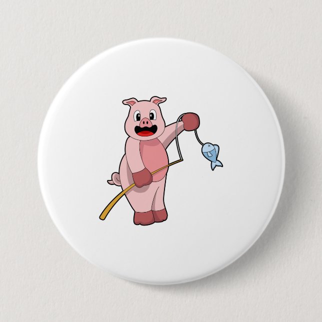 Pig at Fishing with Fishing rod & Fish 3 Inch Round Button (Front)