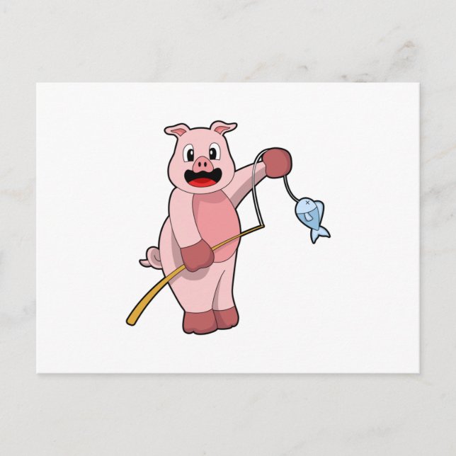 Pig at Fishing with Fishing rod & Fish Postcard (Front)