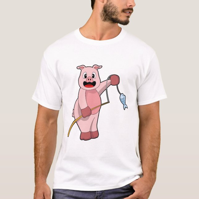 Pig at Fishing with Fishing rod & Fish T-Shirt (Front)
