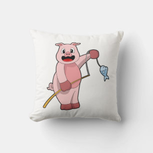 Pig at Fishing with Fishing rod & Fish Throw Pillow