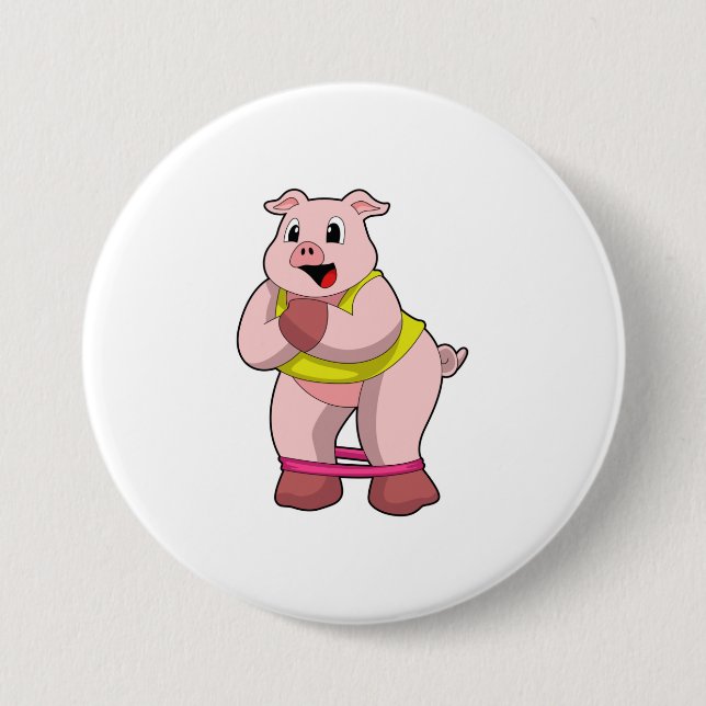 Pig at Fitness with Rubber band 3 Inch Round Button (Front)