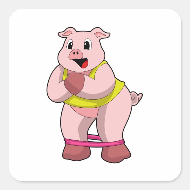 Pig at Fitness with Rubber band Square Sticker (Front)