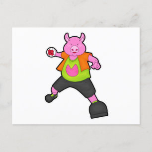 Pig at Handball player with Handball Postcard