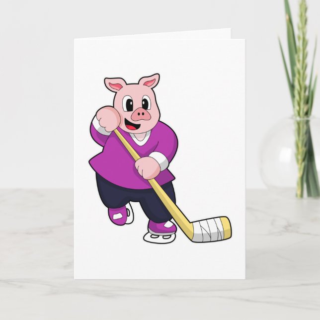 Pig at Ice hockey with Ice hockey stick Card (Front)