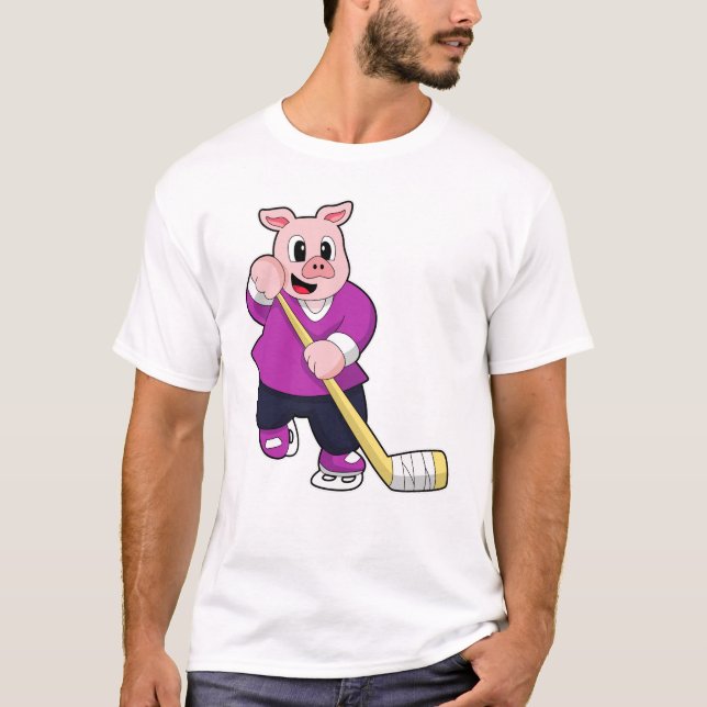 Pig at Ice hockey with Ice hockey stick T-Shirt (Front)