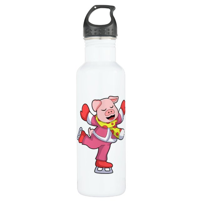Pig at Ice skating with Ice skates 710 Ml Water Bottle (Front)