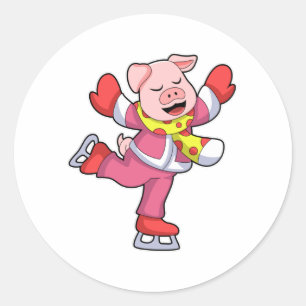 Pig at Ice skating with Ice skates Classic Round Sticker