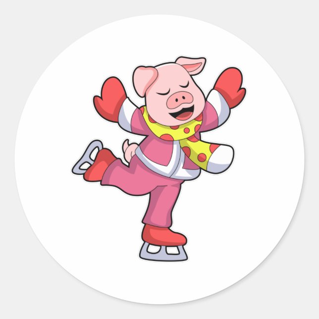Pig at Ice skating with Ice skates Classic Round Sticker (Front)